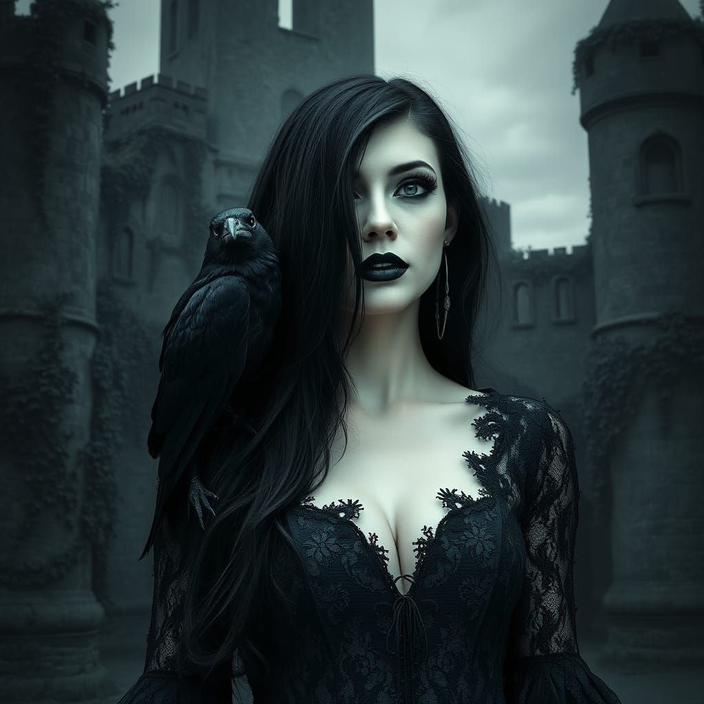 Gothic Woman with Raven in Dark Castle