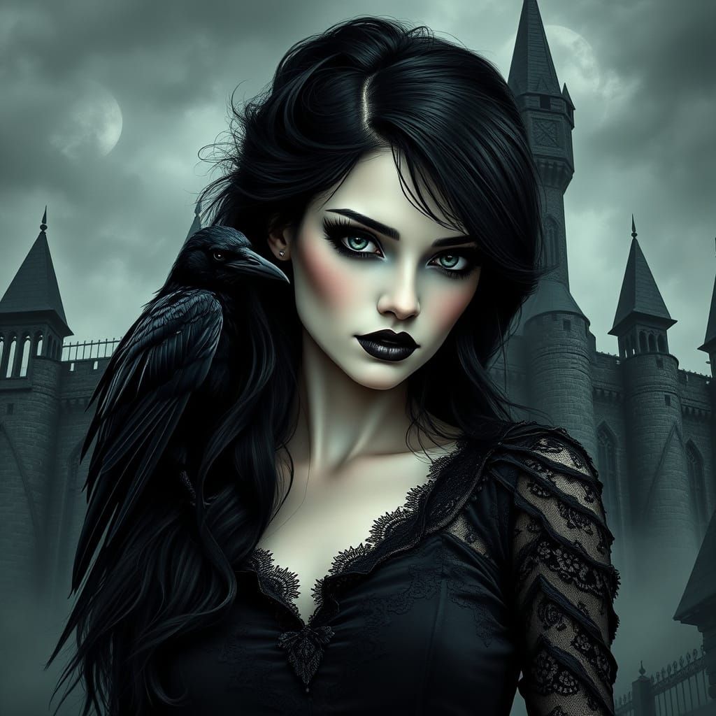 Gothic Woman in Victorian-Inspired Beauty, Surrounded by Dar...