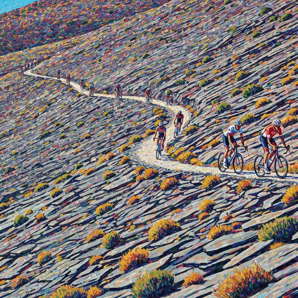 Mont Ventoux: Cyclist in Kinetic Pointillism Style