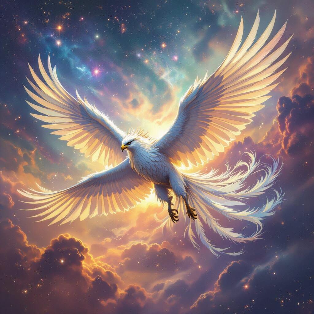 Majestic Griffin Soars Through Nebula Sky in Epic Fantasy St...