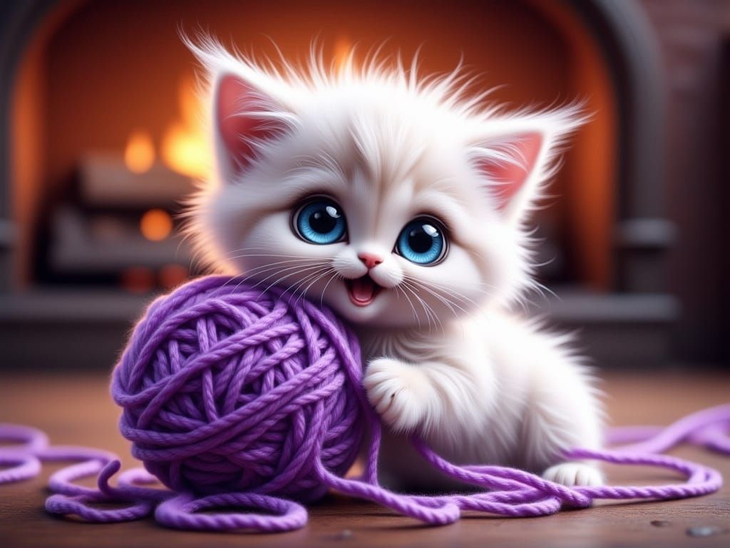 Whimsical White Kitten in Playful Yarn Adventure
