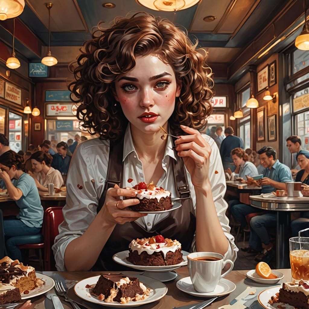 Woman Eating Cake in Comic Book Style