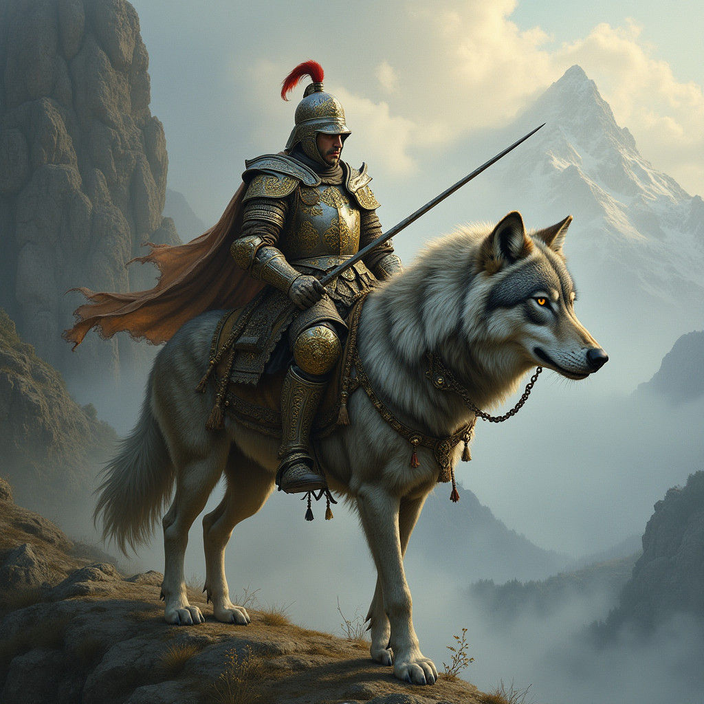 Portuguese Warrior on Iberian Wolf, Romantic Style