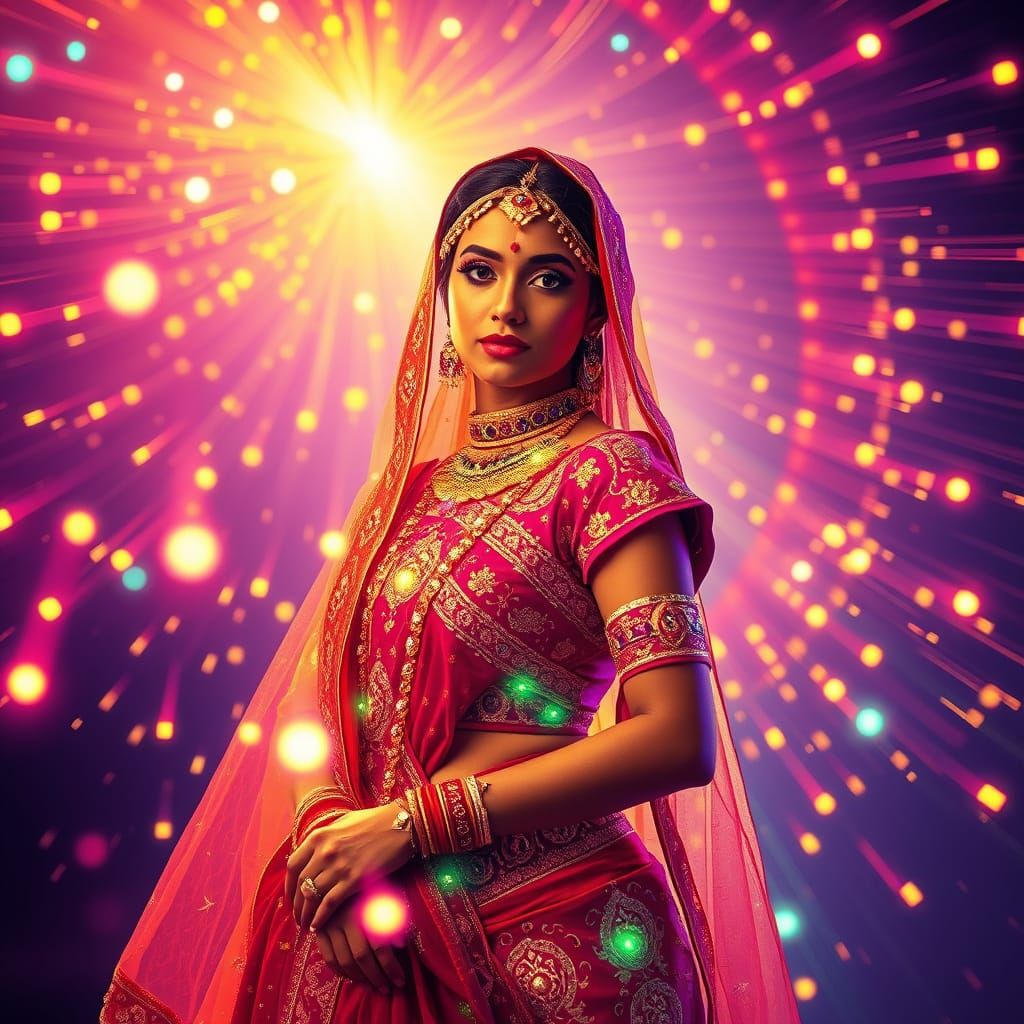 Vibrant Indian Goddess Dances with Luminous Lights