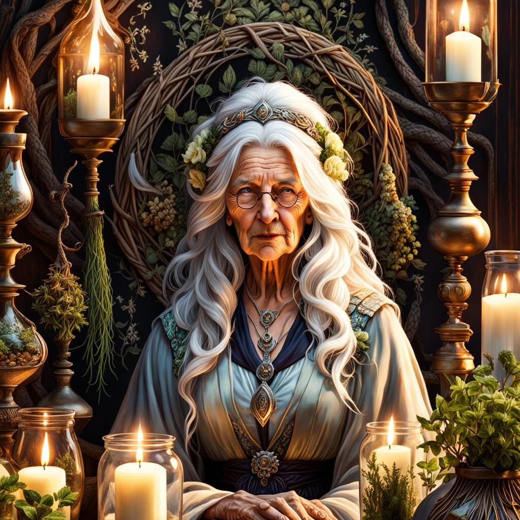 hyper realistic, super detailed, close up of proud, wrinkled but beautiful old crone high priestess witch with flowing r...