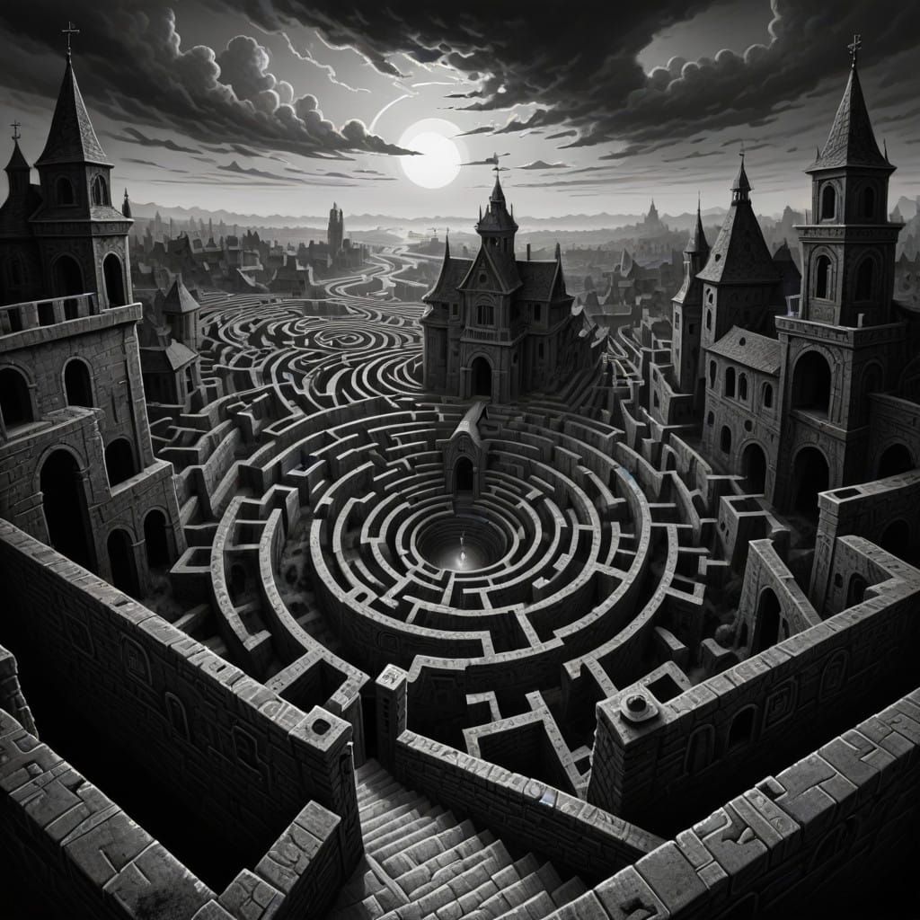 Ominous Gray Landscape with Black Sun and Maze