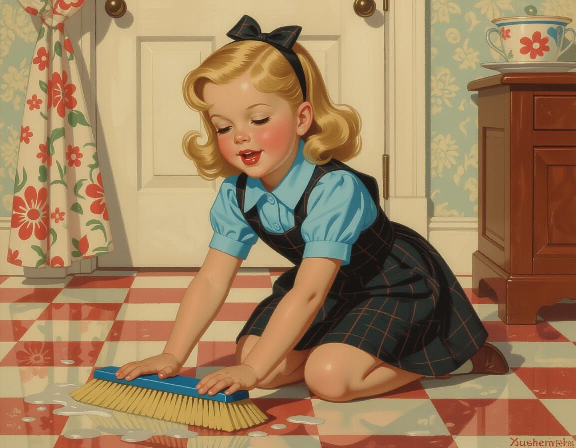 Girl Singing While Scrubbing Floor in Pin-Up Style