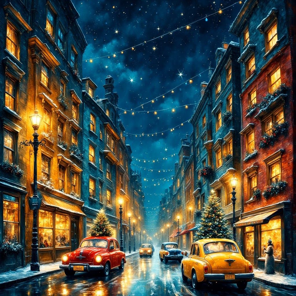 Whimsical Holiday City Street Digital Illustration