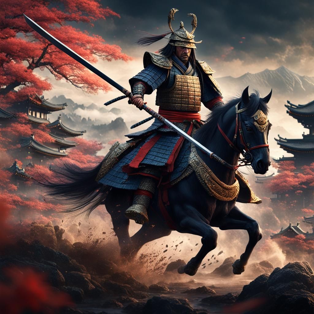 Samurai Warlord in Battle: Detailed Matte Painting