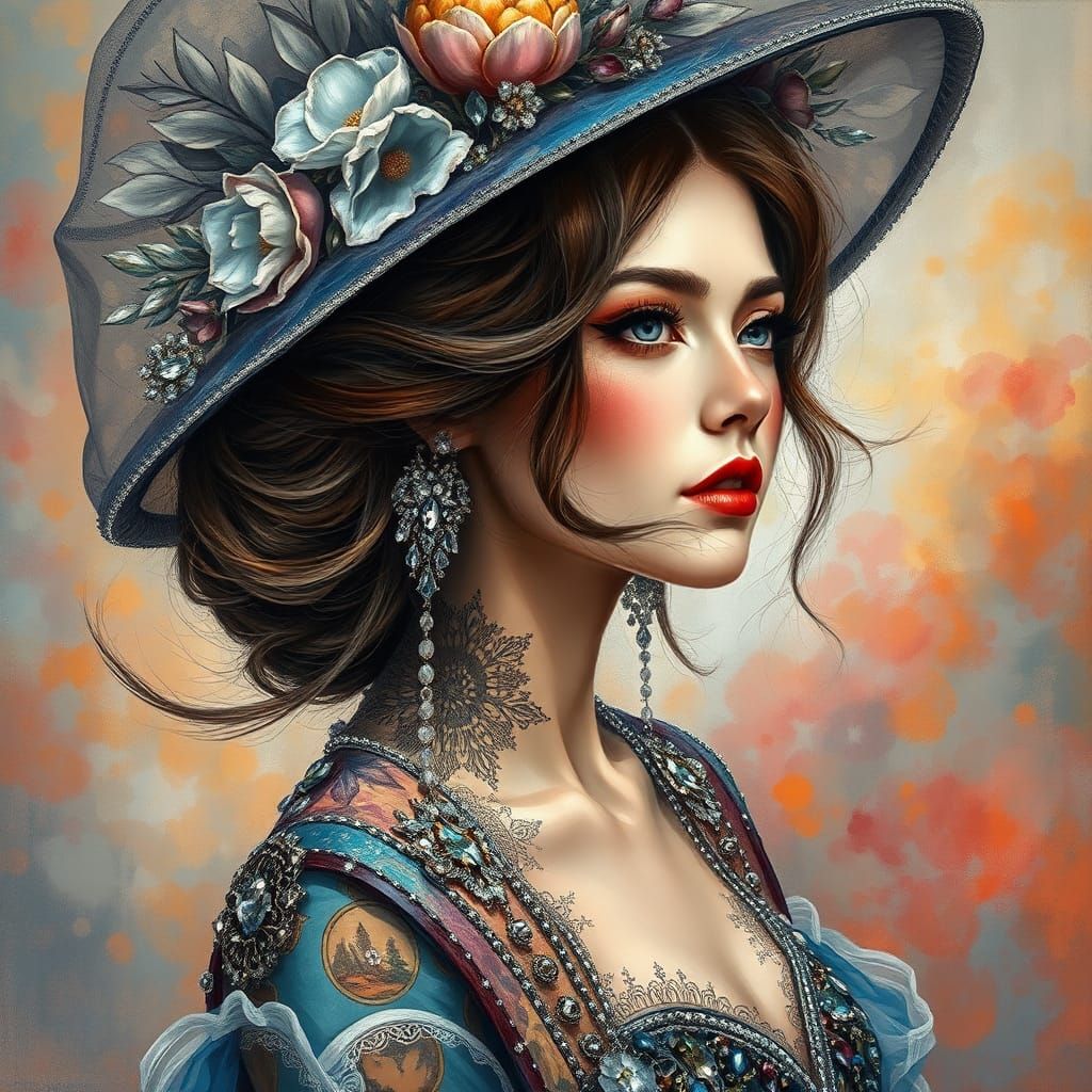 Elegant Woman Portrait with Silver Flower Hat as Impasto Pai...