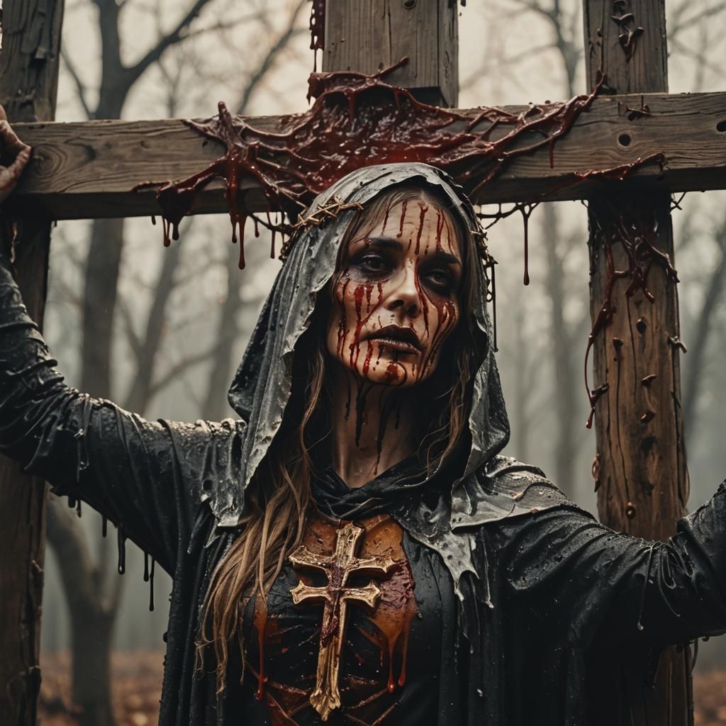 Crucified Woman with Jack-o'-Lantern Helmet