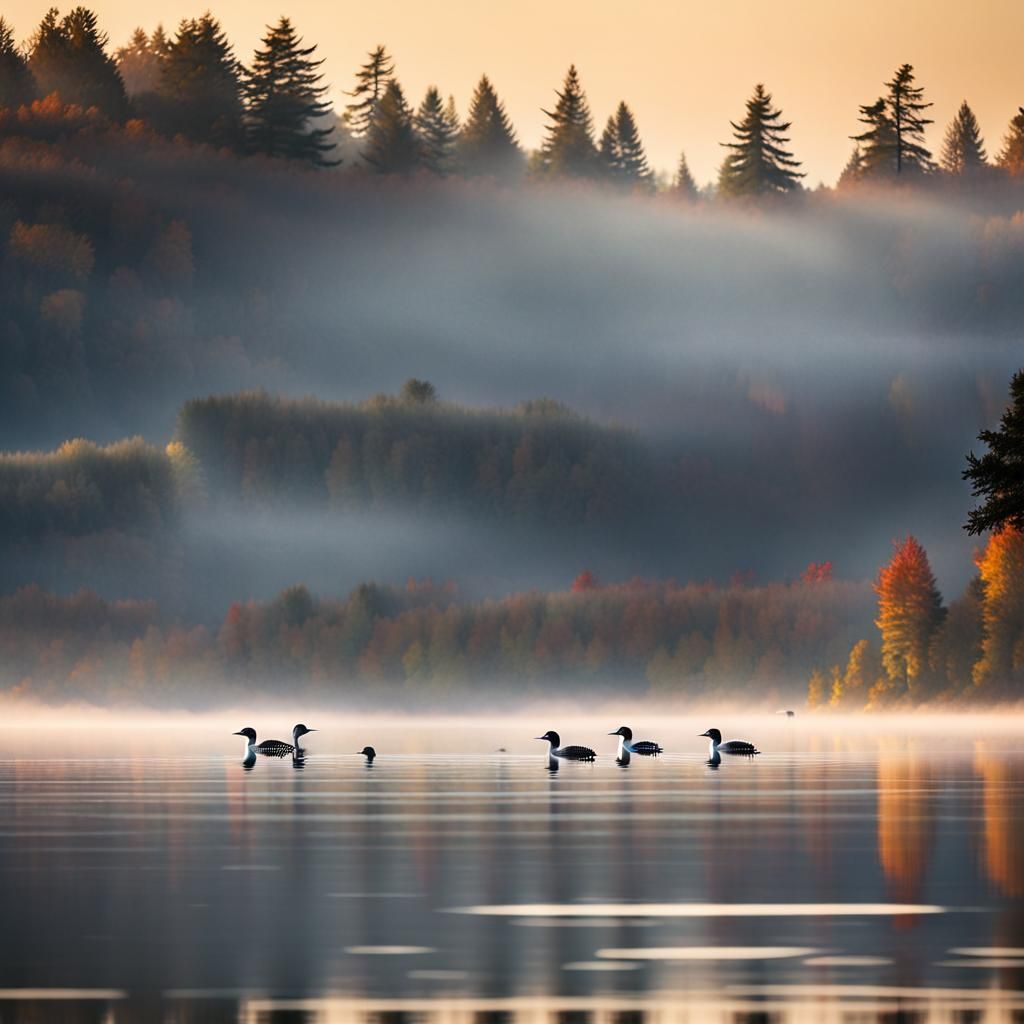 Loons on Misty Lake: Atmospheric Autumn Landscape