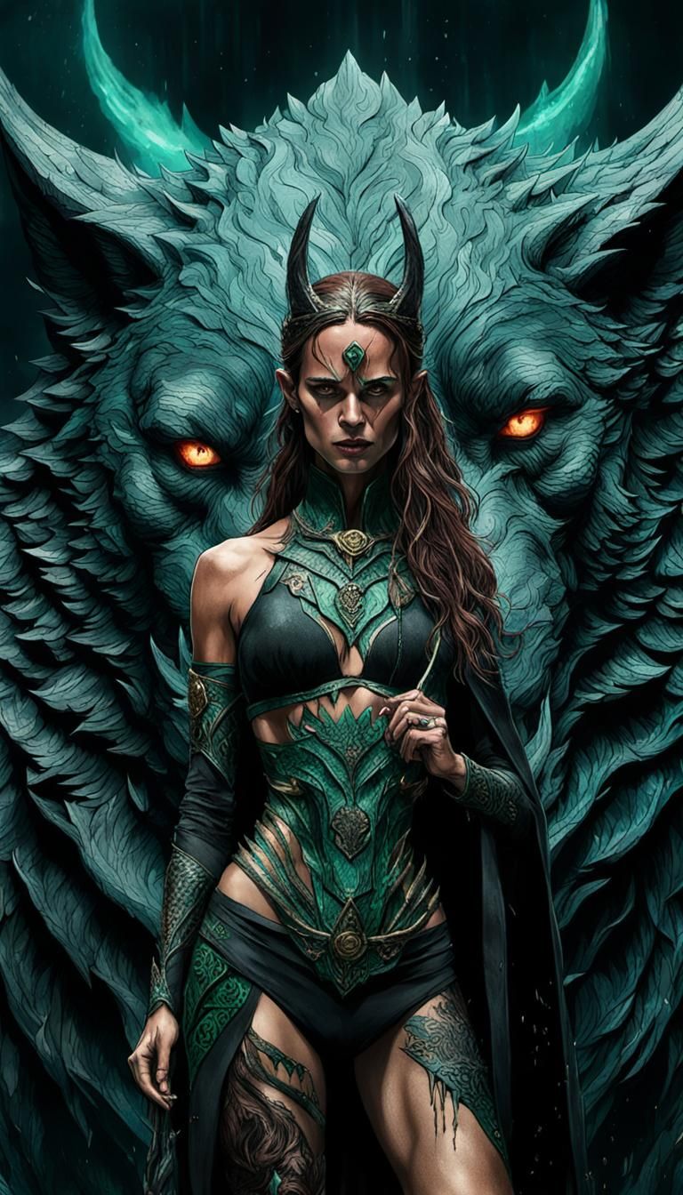Goddess Hela Portrait with Wolf in Digital Art Style