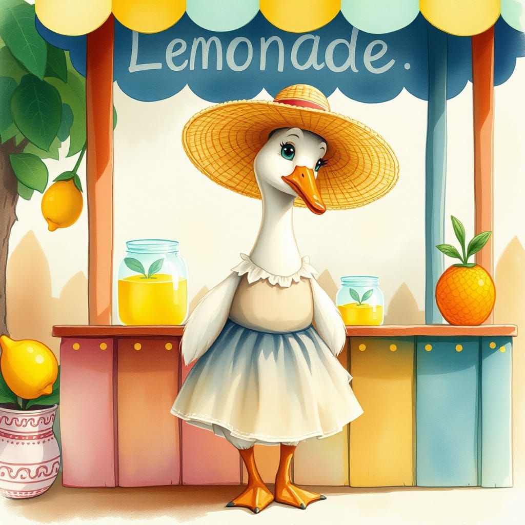 Quacking Lemonade Vendor in Whimsical Watercolor Style
