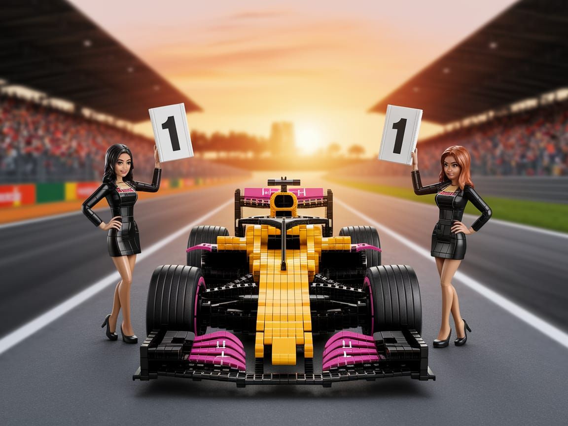 A life-size Formula 1 car made of Lego bricks on the startin...