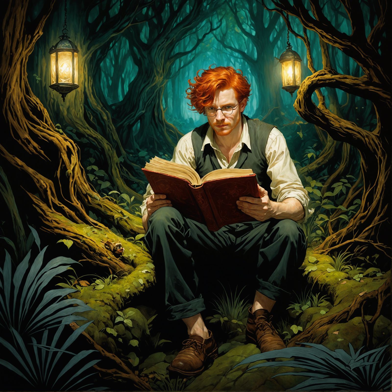 Redhead Man Reads in Fantasy Forest Art