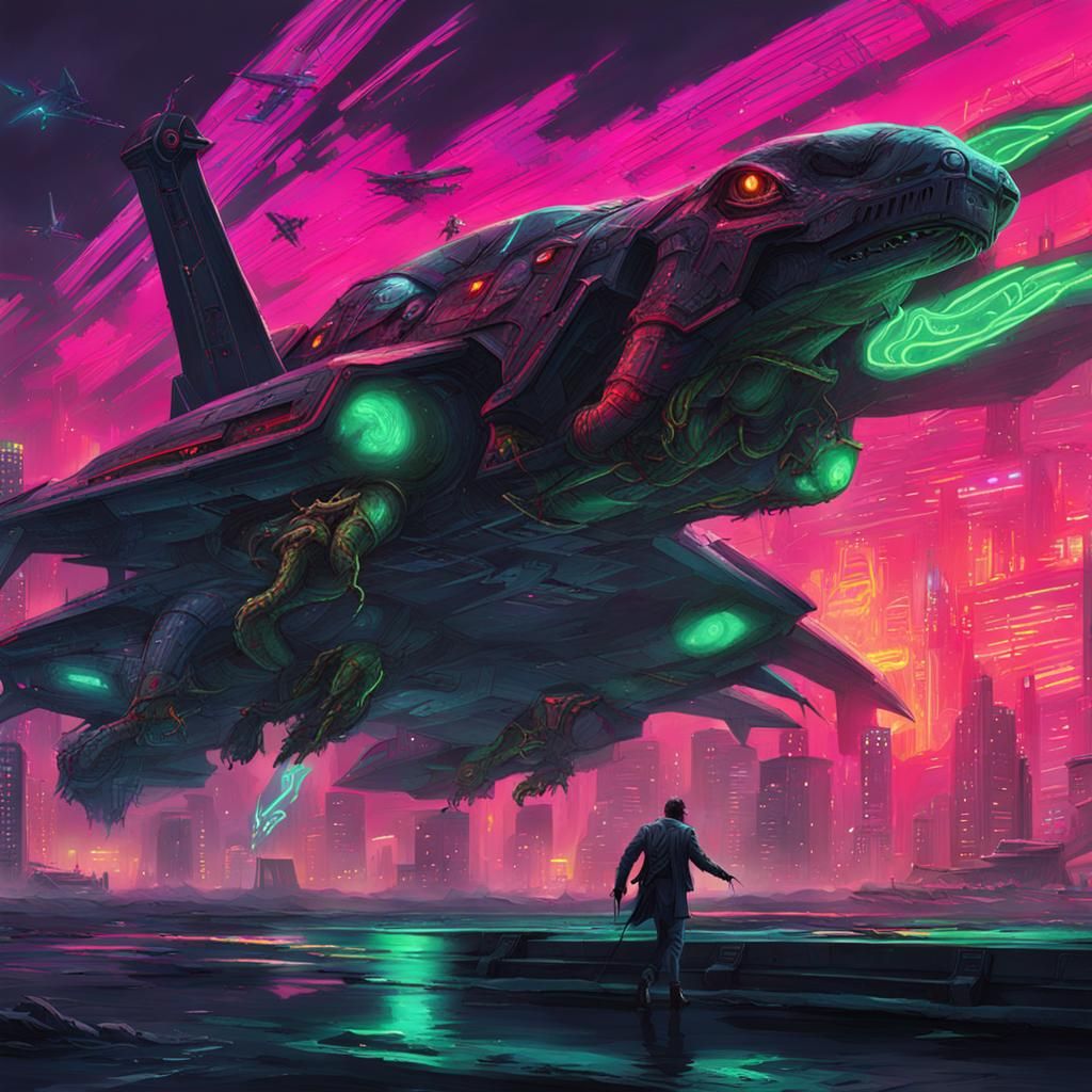 Cyberpunk Jet Fighter Battles Cthulhu in Neon City