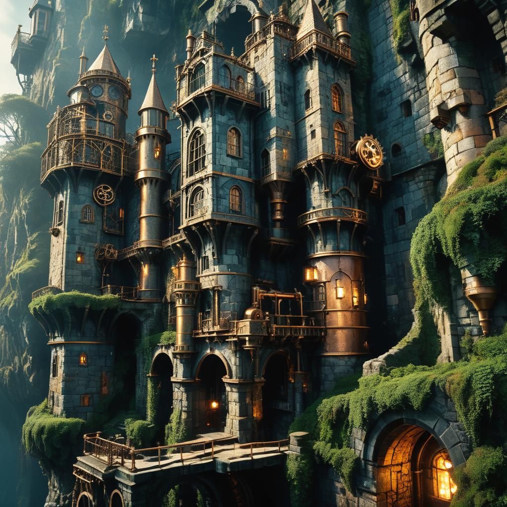 Steampunk Castle on Cliff with Copper and Brass