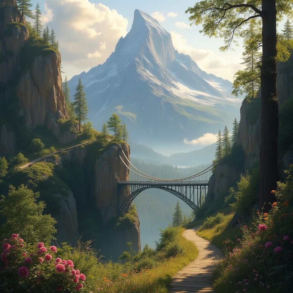 Majestic Mountain Landscape with Winding Staircase and Suspe...