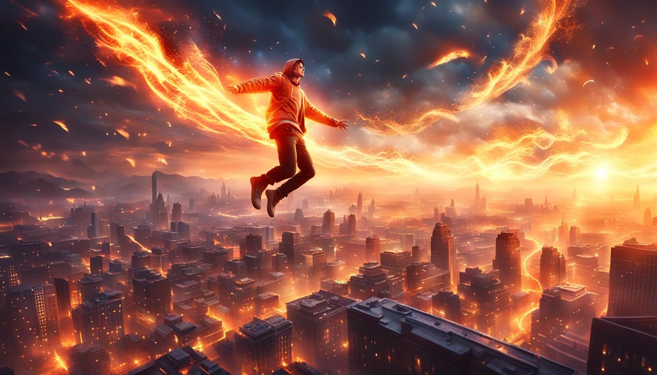 Person Summoning Magic Above Burning City