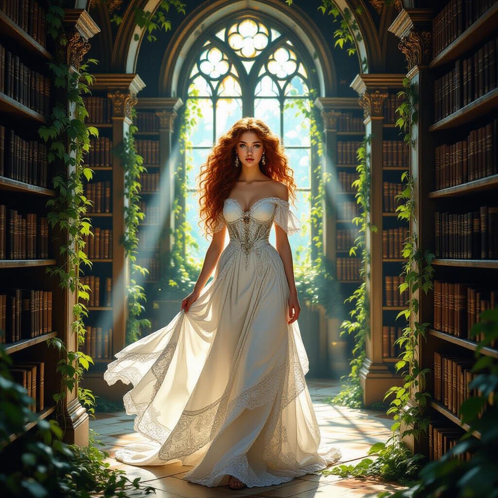 A young woman with long auburn hair, dressed in a flowing wh...