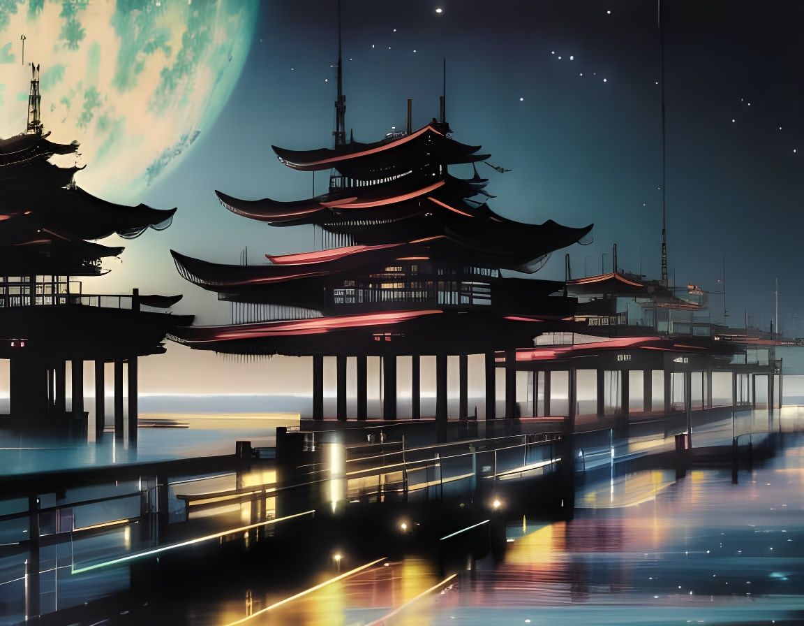 Moonlit Fishing at Pagoda: Surreal Gothic Illustration