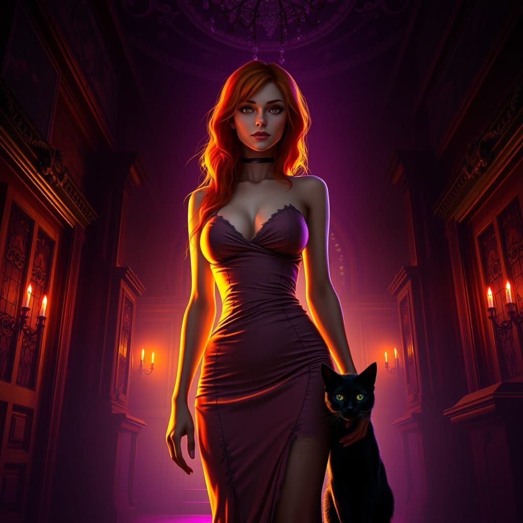 Haunted Mansion Cursed Woman With Cat In Torn Dress