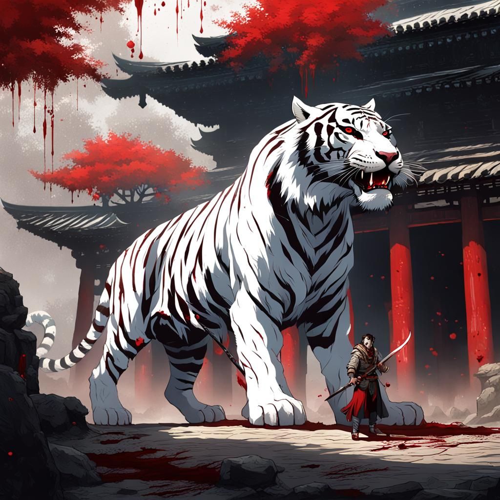 Giant Bloodstained Tiger Controlled by Swordsman