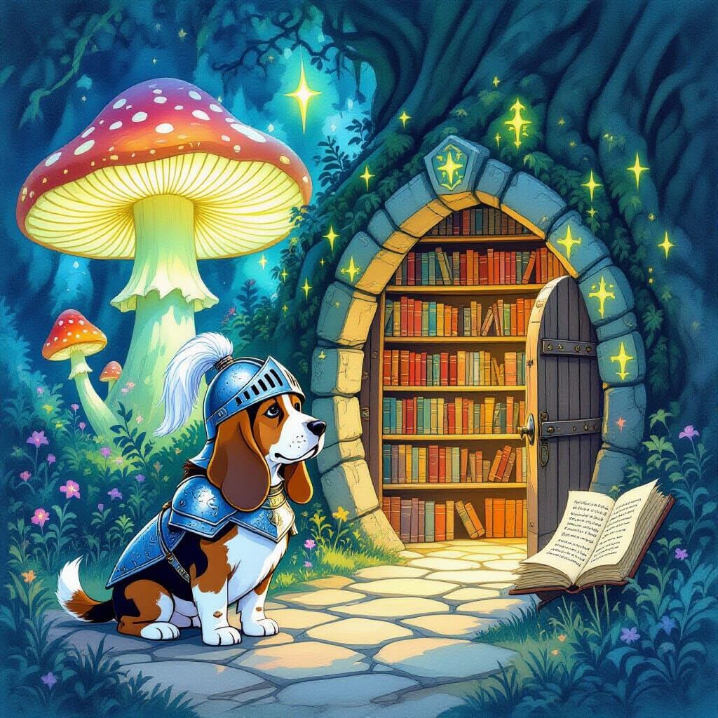 Basset Hound Knight Guards Ancient Mushroom Library
