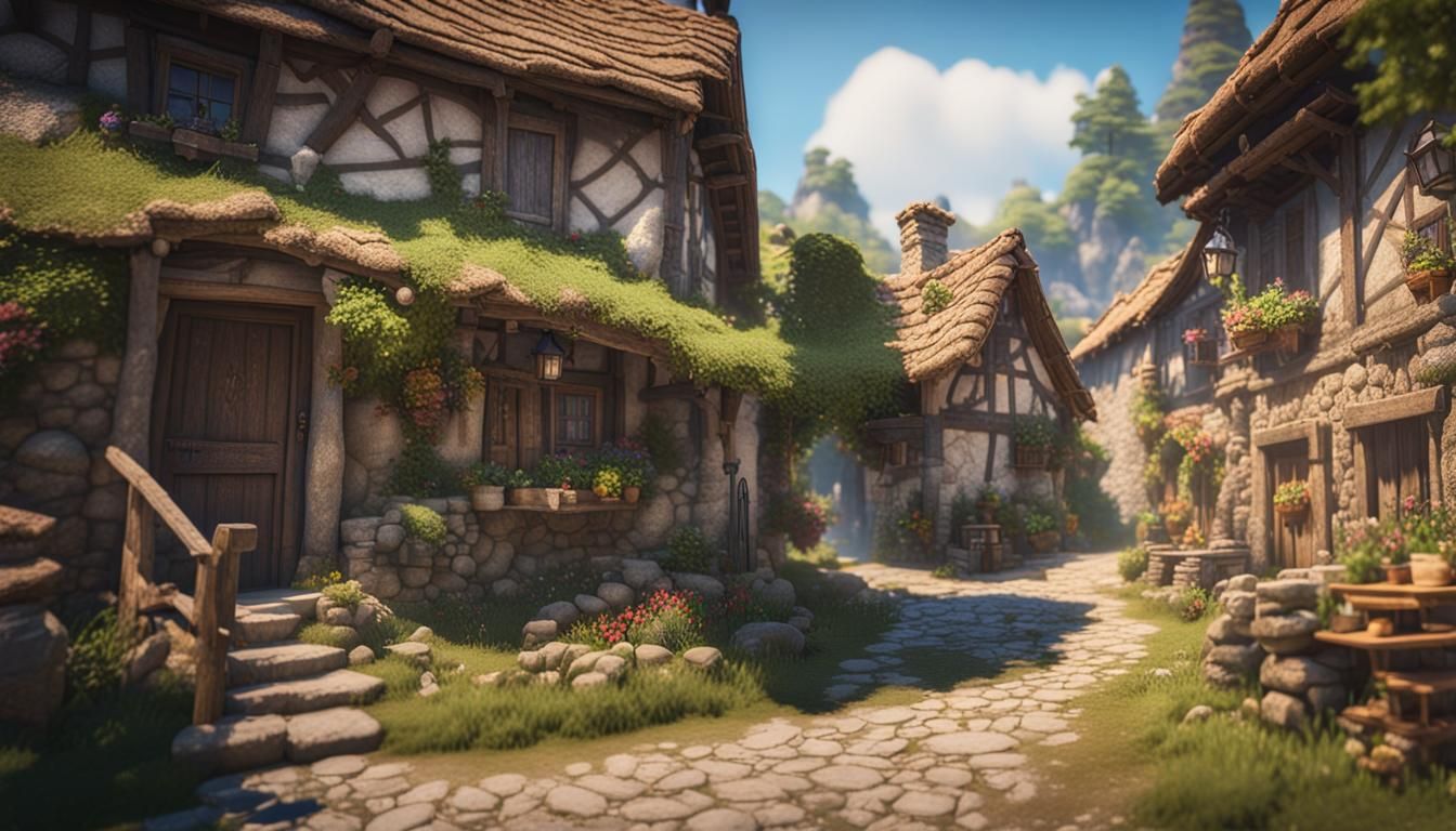 Quaint Village with Stone Houses in 3D Style