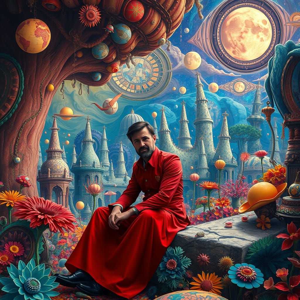 Surreal Utopia: Men in Red and Blue, Inspired by Bosch