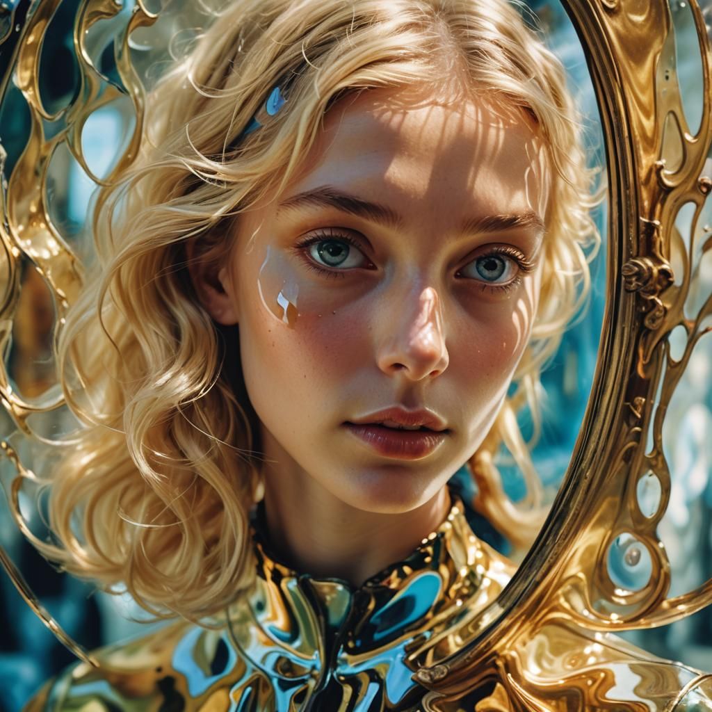 Surreal Reflection: Blonde Girl and Parallel Universe