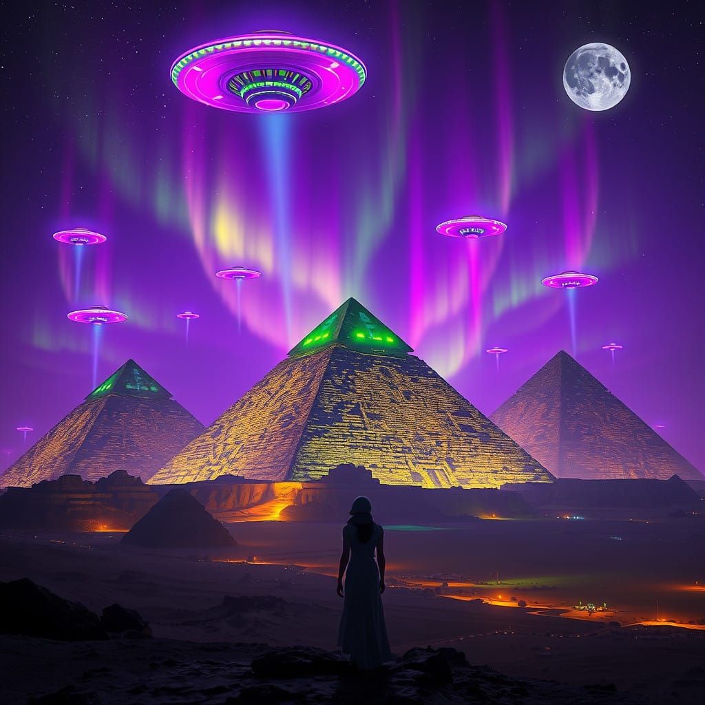 Egyptian Pyramids Under Northern Lights with Neon UFOs and C...