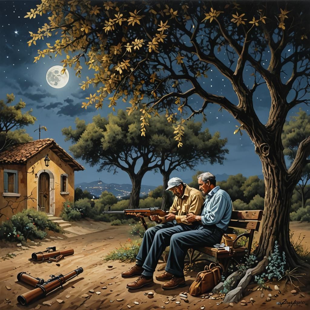Sardinian Night Scene with Men and Rifle