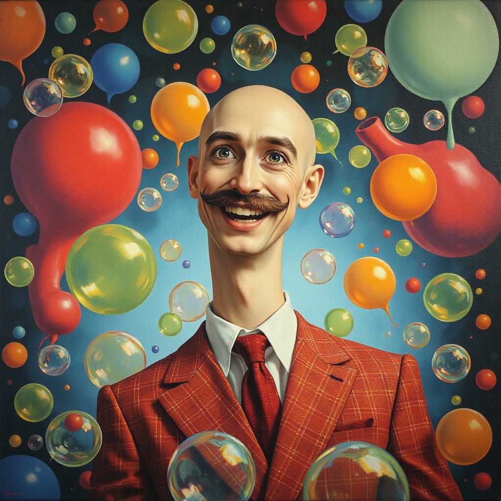 Happy Man Floating in Bubbles, Surreal Oil Painting