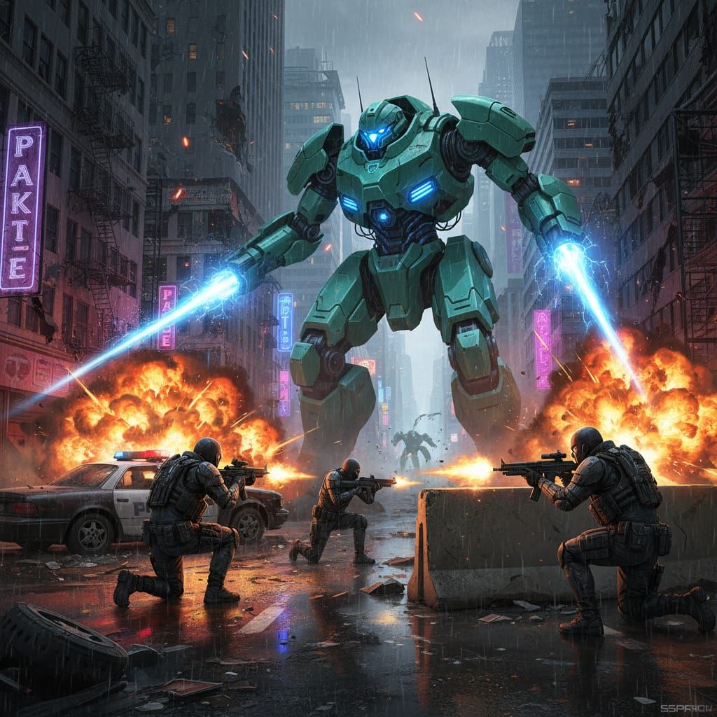 Bank Heist Shootout: Robbers vs. Giant Mecha in City Chaos