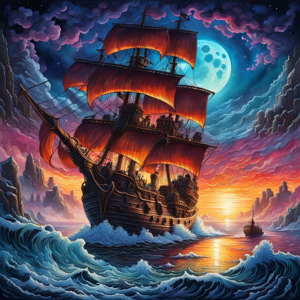 Chaotic Winter Seascape: Pirate Ship in Watercolor