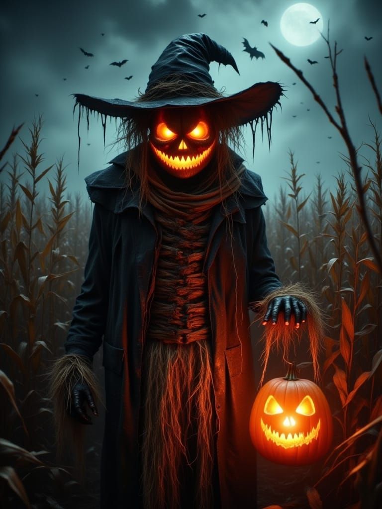 Terrifying Scarecrow with Glowing Jack-o'-Lantern Head in Fo...