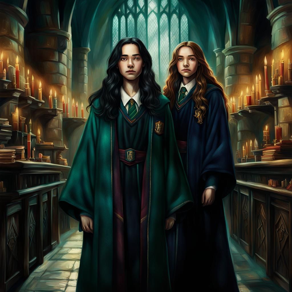 Girl in Slytherin Robes with Hermione Granger