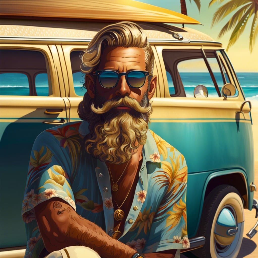 Hipster Surfer Portrait on a Sunlit Beach