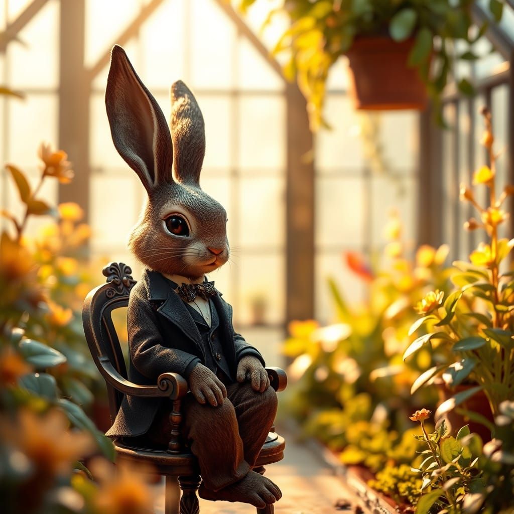 Victorian Chocolate Bunny in Whimsical Greenhouse Scene
