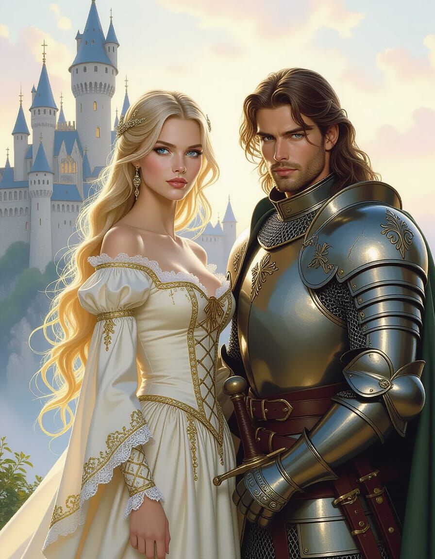 Medieval Woman and Knight in Pastel Painting Style