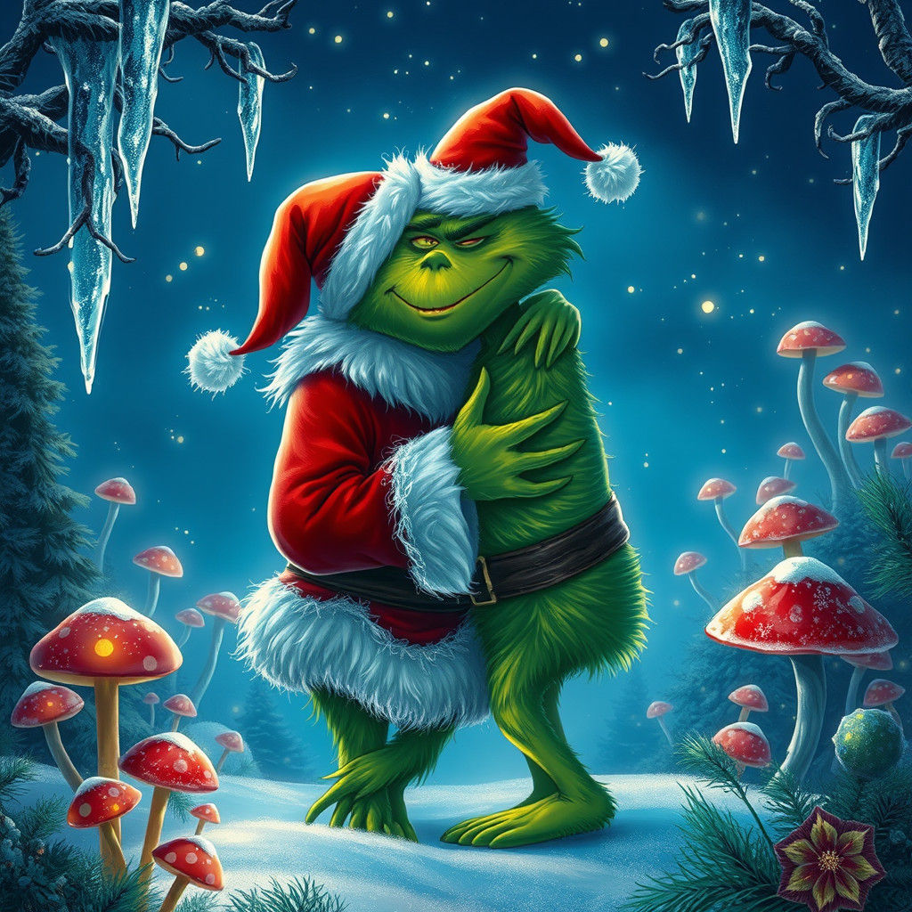 Santa and Grinch's Tender Kiss in Winter Wonderland