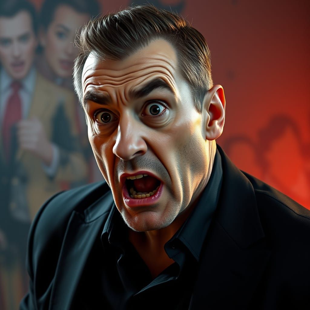 Man in Astonishment, Hyperrealistic Portrait in Black Attire