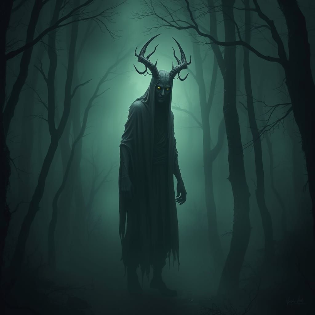 Haunting Bhoot in Misty Forest: Dark Fantasy Art