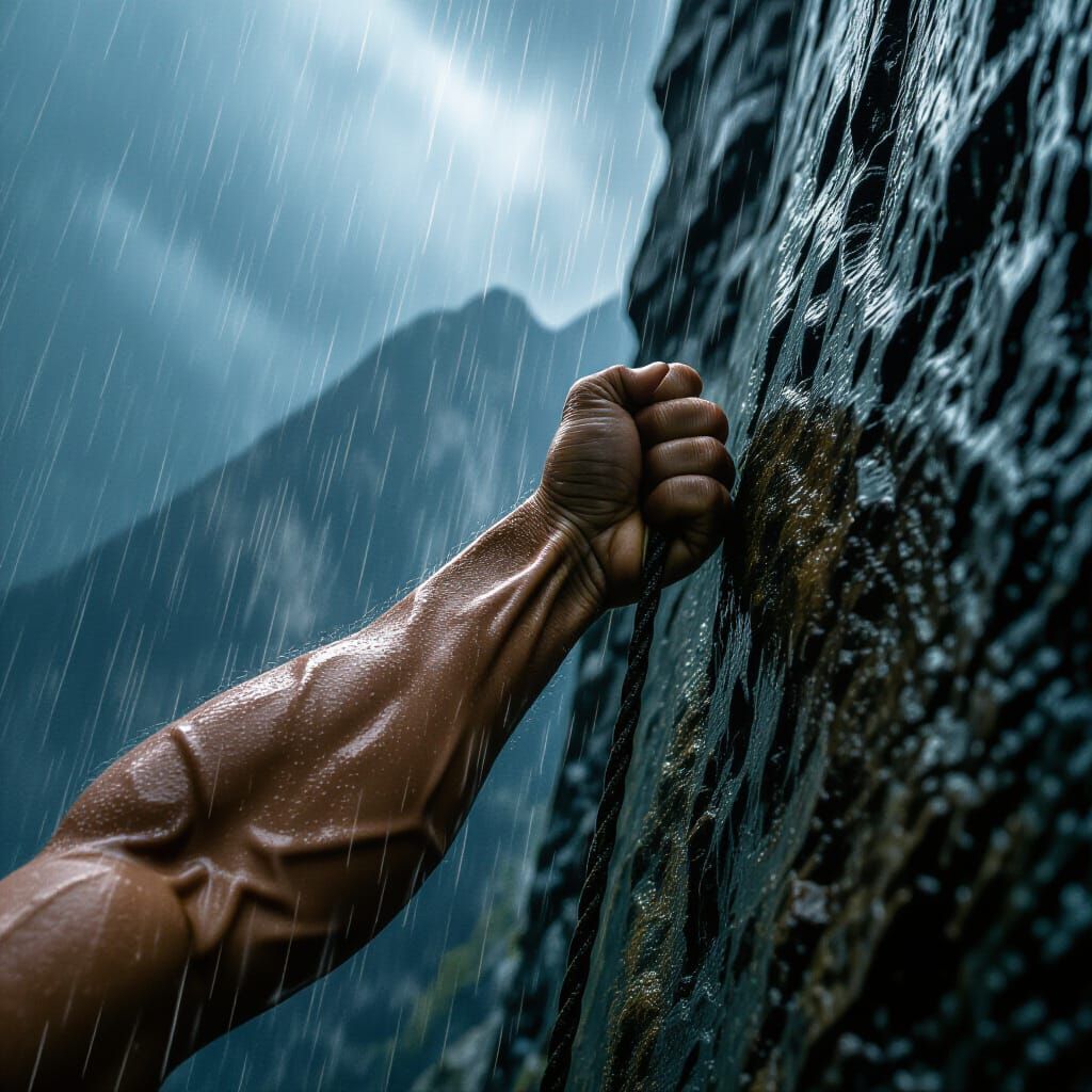 Man Ascends Stormy Mountain Cliff in Dramatic Close-Up