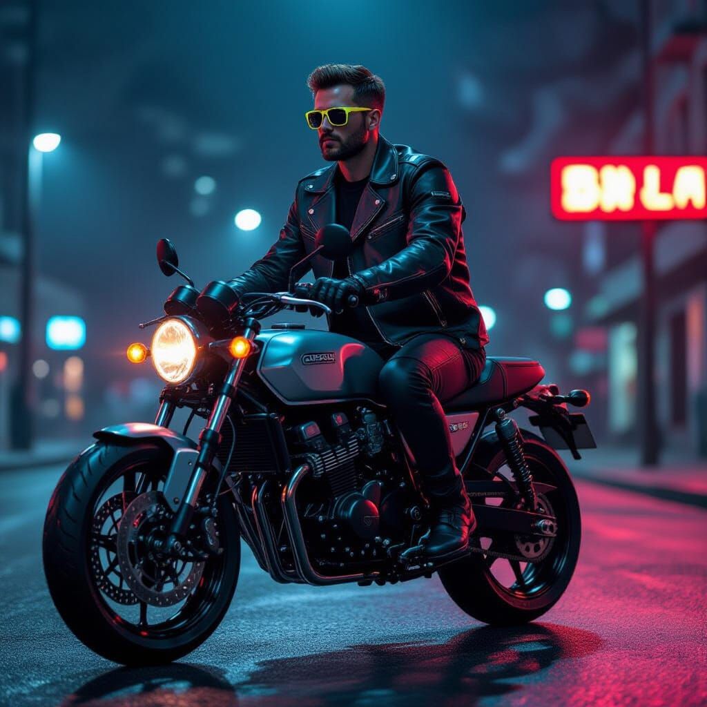 Man on CBX500 Motorcycle in Retro-Futuristic Style