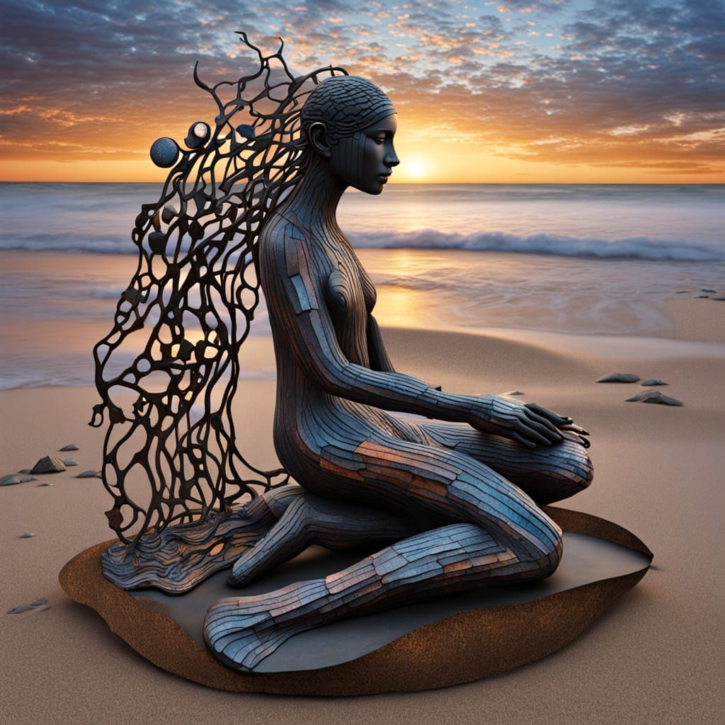 Surreal Fragmented Sculpture of a Woman in a Sunset Landscap...