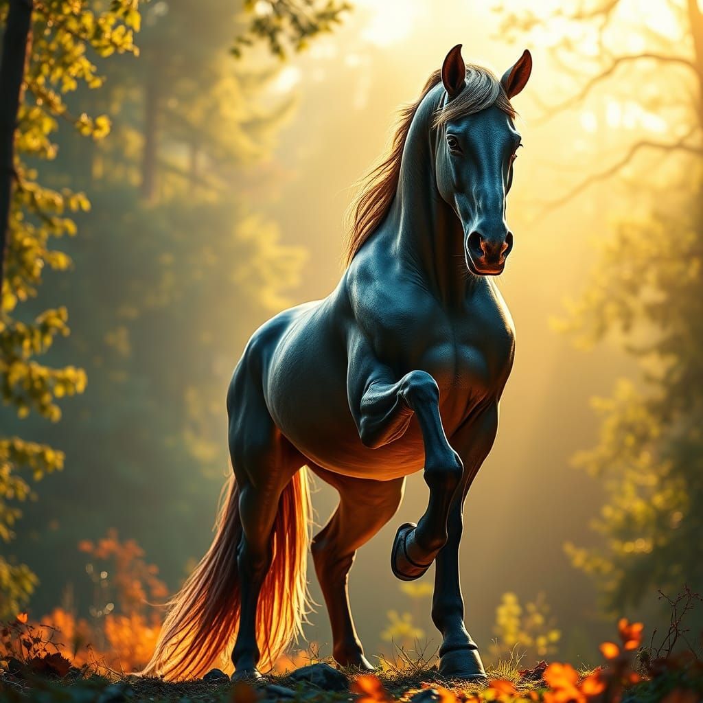Envision a majestic centaur poised in a forest, where human and equine features merge flawlessly. The centaur is depicte...