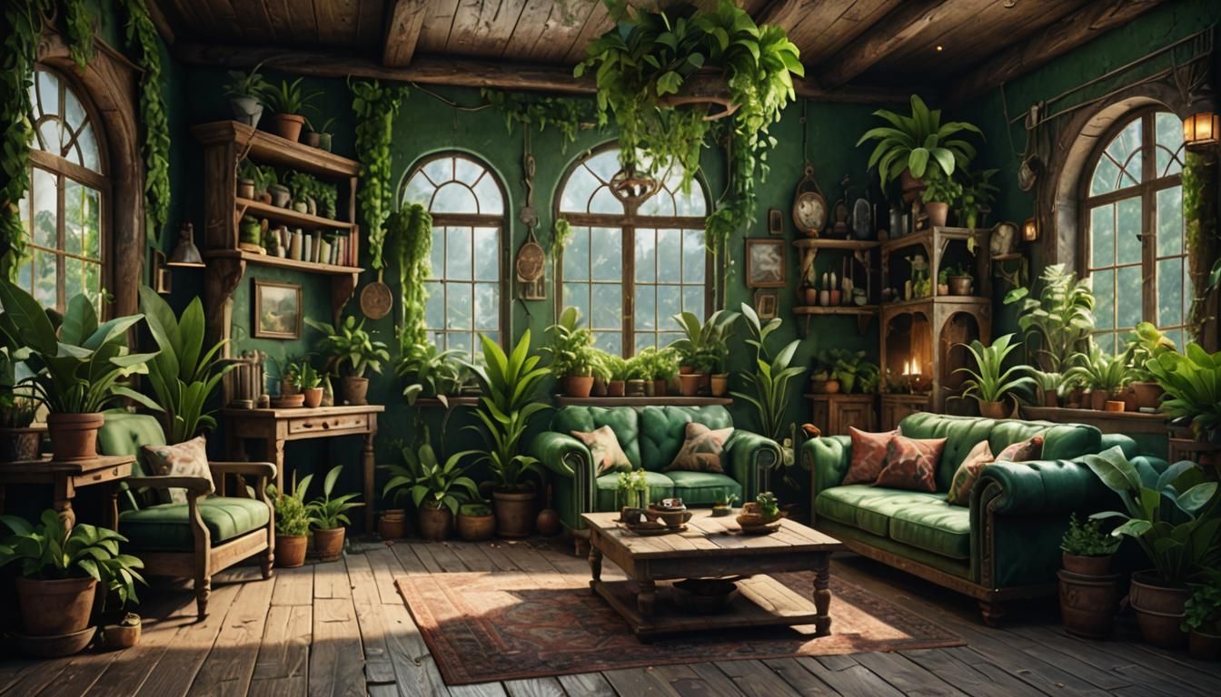 Rustic Living Room with Green Plants: Matte Painting
